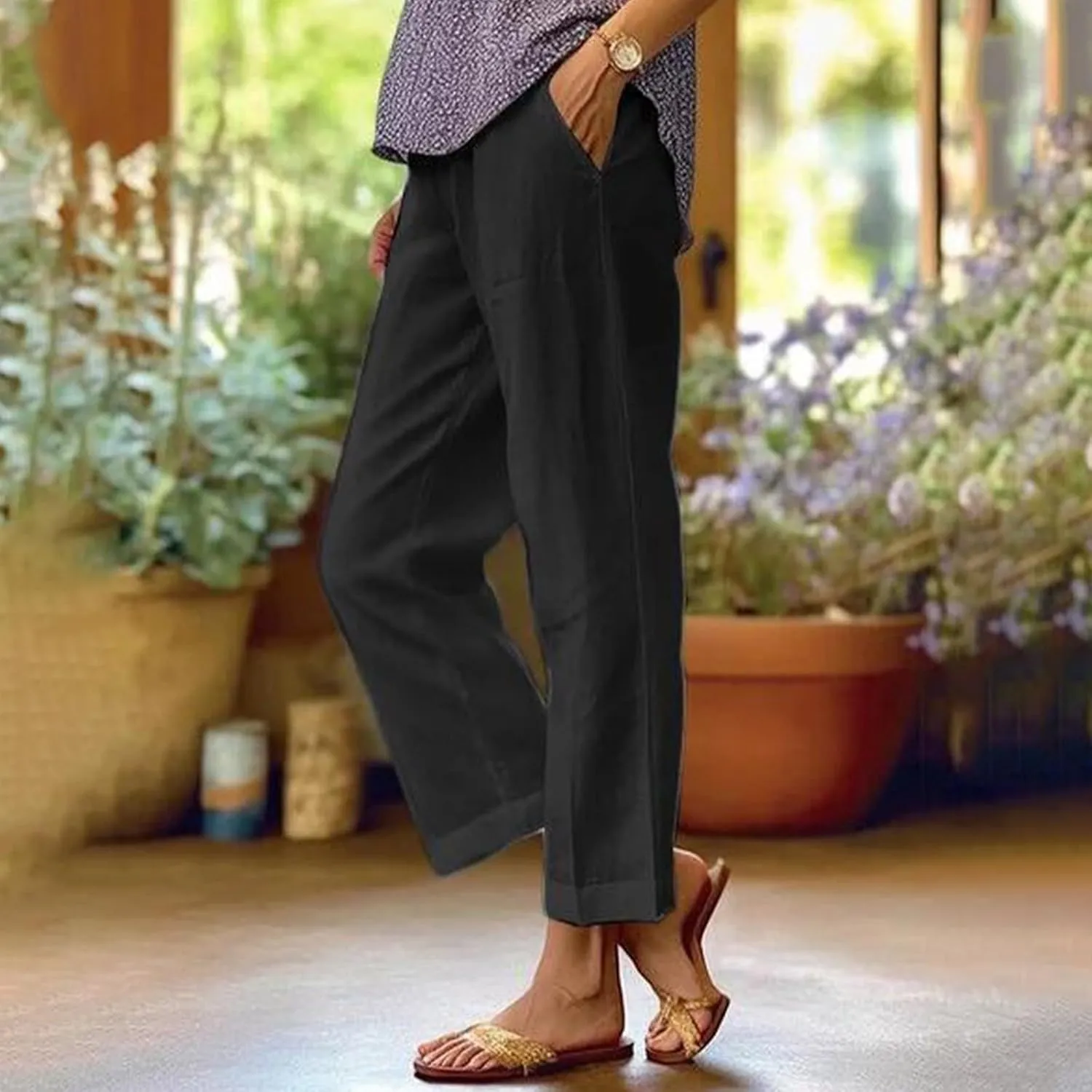 Wide Leg Pants Woman Casual Linen Elastic Waisted Pants Straight Loose Comfy Trousers Solid Sweatpants with Pocket