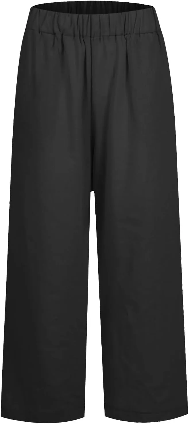 Wide Leg Pants Woman Casual Linen Elastic Waisted Pants Straight Loose Comfy Trousers Solid Sweatpants with Pocket