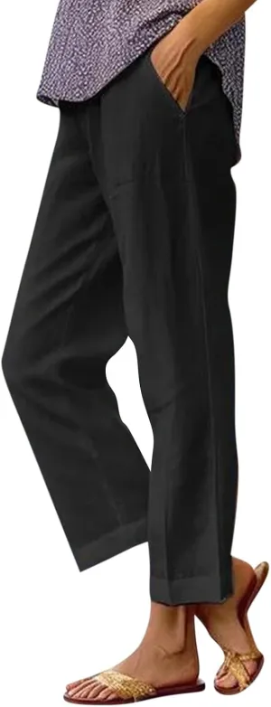 Wide Leg Pants Woman Casual Linen Elastic Waisted Pants Straight Loose Comfy Trousers Solid Sweatpants with Pocket