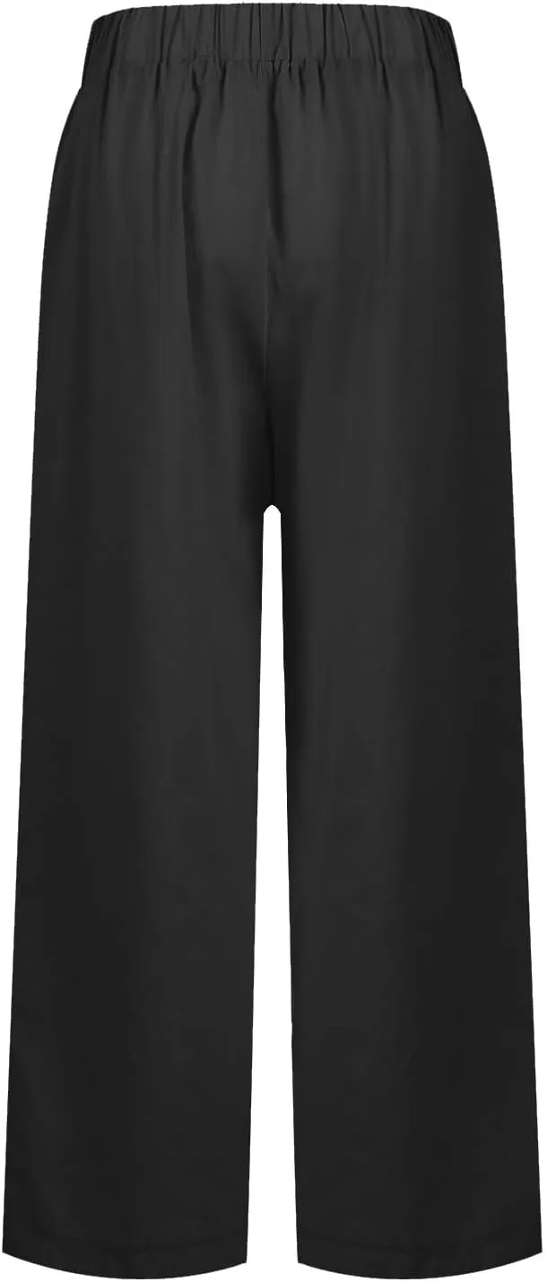 Wide Leg Pants Woman Casual Linen Elastic Waisted Pants Straight Loose Comfy Trousers Solid Sweatpants with Pocket