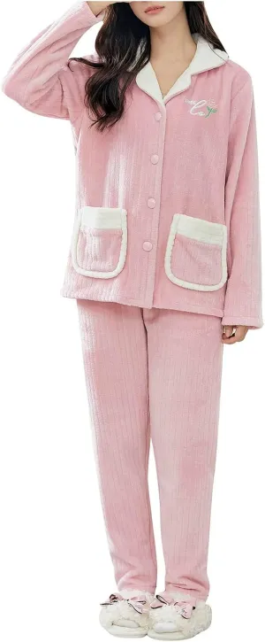 Winter Warm Fleece Plush Pajamas Set for Women Cute Button Down Shirts Fuzzy Pants Soft Flannel Lounge Homewear Sets