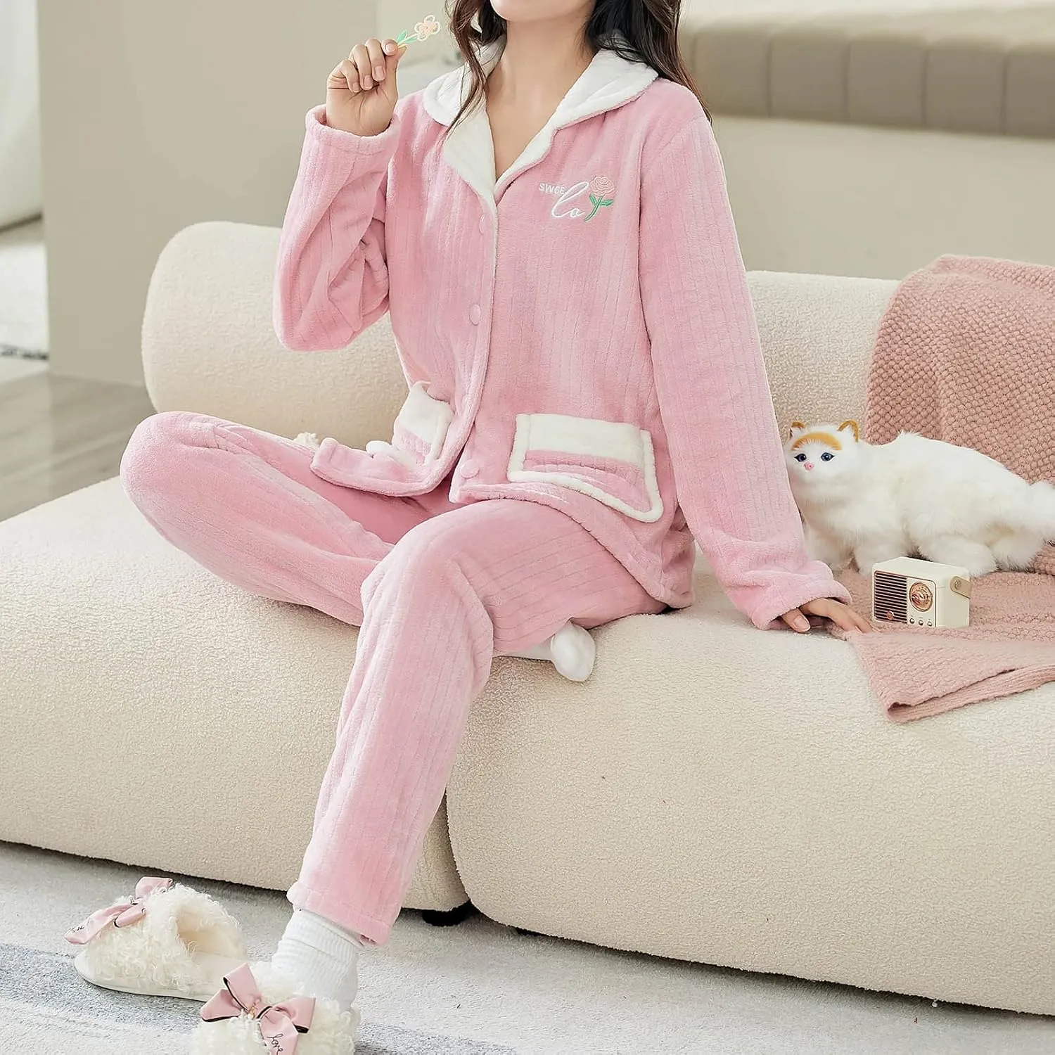 Winter Warm Fleece Plush Pajamas Set for Women Cute Button Down Shirts Fuzzy Pants Soft Flannel Lounge Homewear Sets