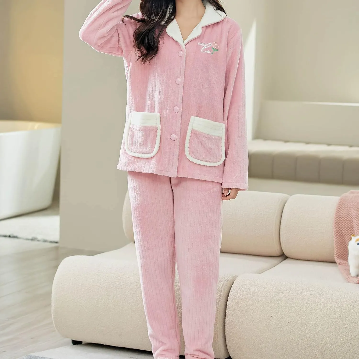 Winter Warm Fleece Plush Pajamas Set for Women Cute Button Down Shirts Fuzzy Pants Soft Flannel Lounge Homewear Sets