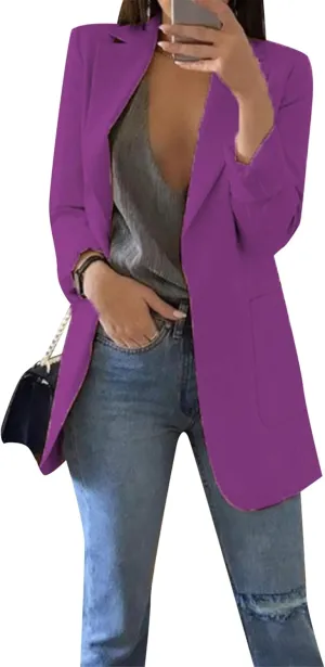 WIWIQS Women Blazer Lapel Solid Color Casual Loose Office Coat with Pockets Long Sleeve Slim Work Jacket