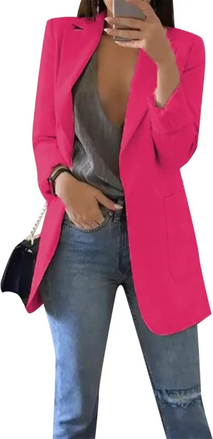 WIWIQS Women Blazer Lapel Solid Color Casual Loose Office Coat with Pockets Long Sleeve Slim Work Jacket