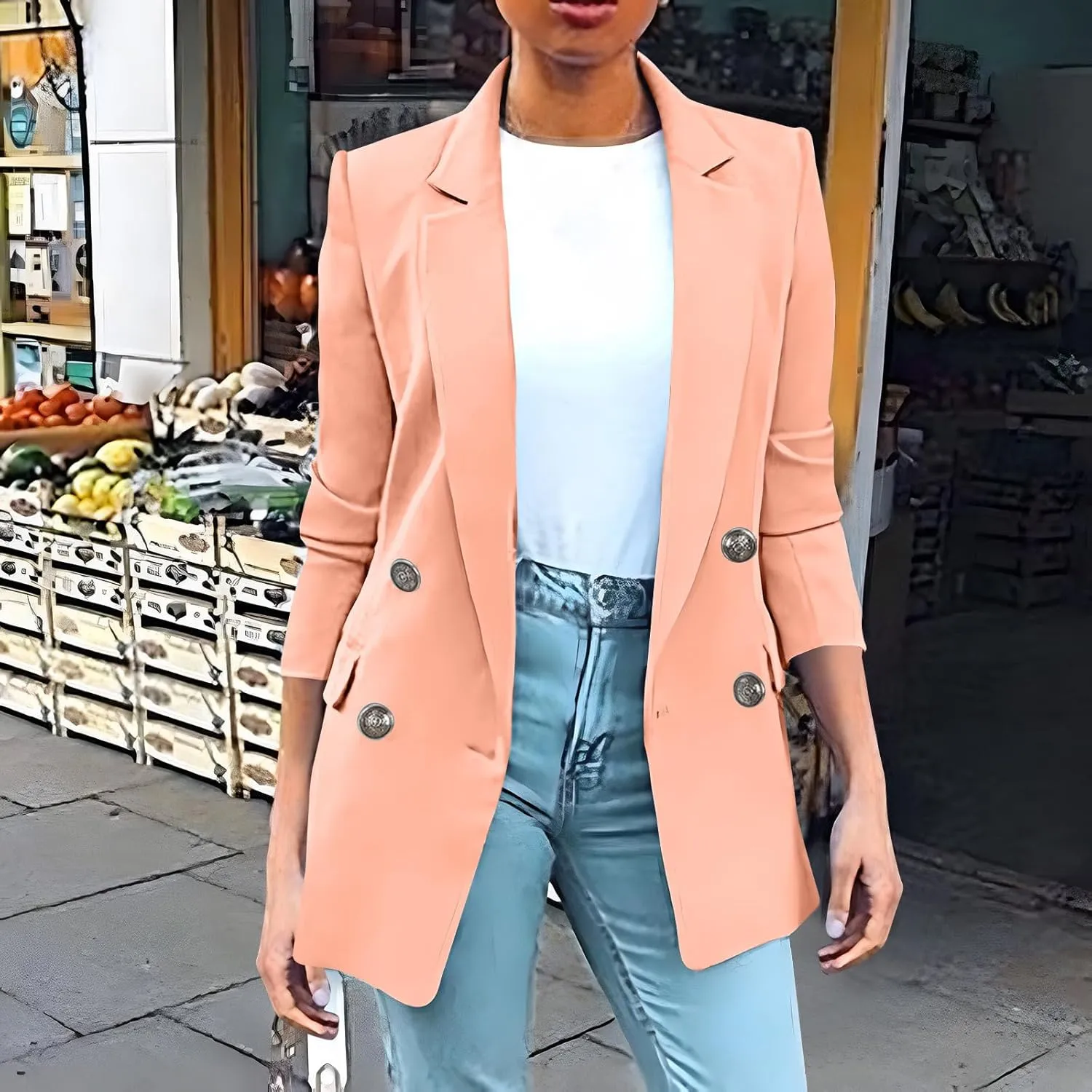 Wkishenl Blazers for Women Casual Long Sleeve Lapel Blazer Jackets Solid Button Open Front Jacket Plus Size Business Coats