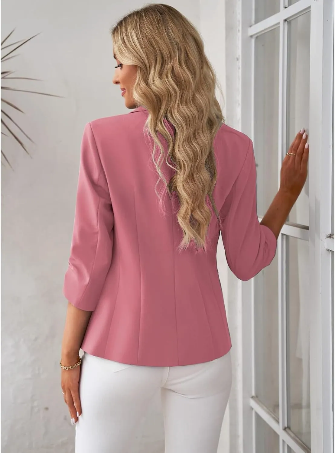 Women 3/4 Sleeve Blazer Casual Open Front Notched Collar Button Jackets Dressy Work Office Suit Jackets Outerwear