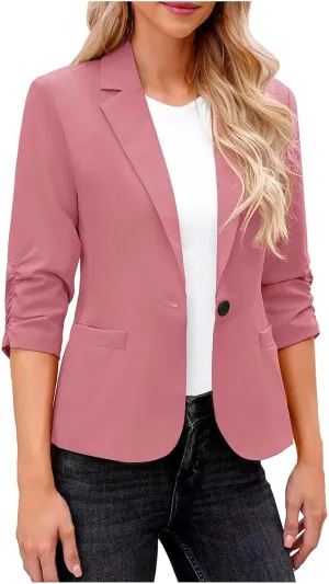 Women 3/4 Sleeve Blazer Casual Open Front Notched Collar Button Jackets Dressy Work Office Suit Jackets Outerwear