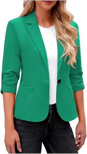 Women 3/4 Sleeve Blazer Casual Open Front Notched Collar Button Jackets Dressy Work Office Suit Jackets Outerwear