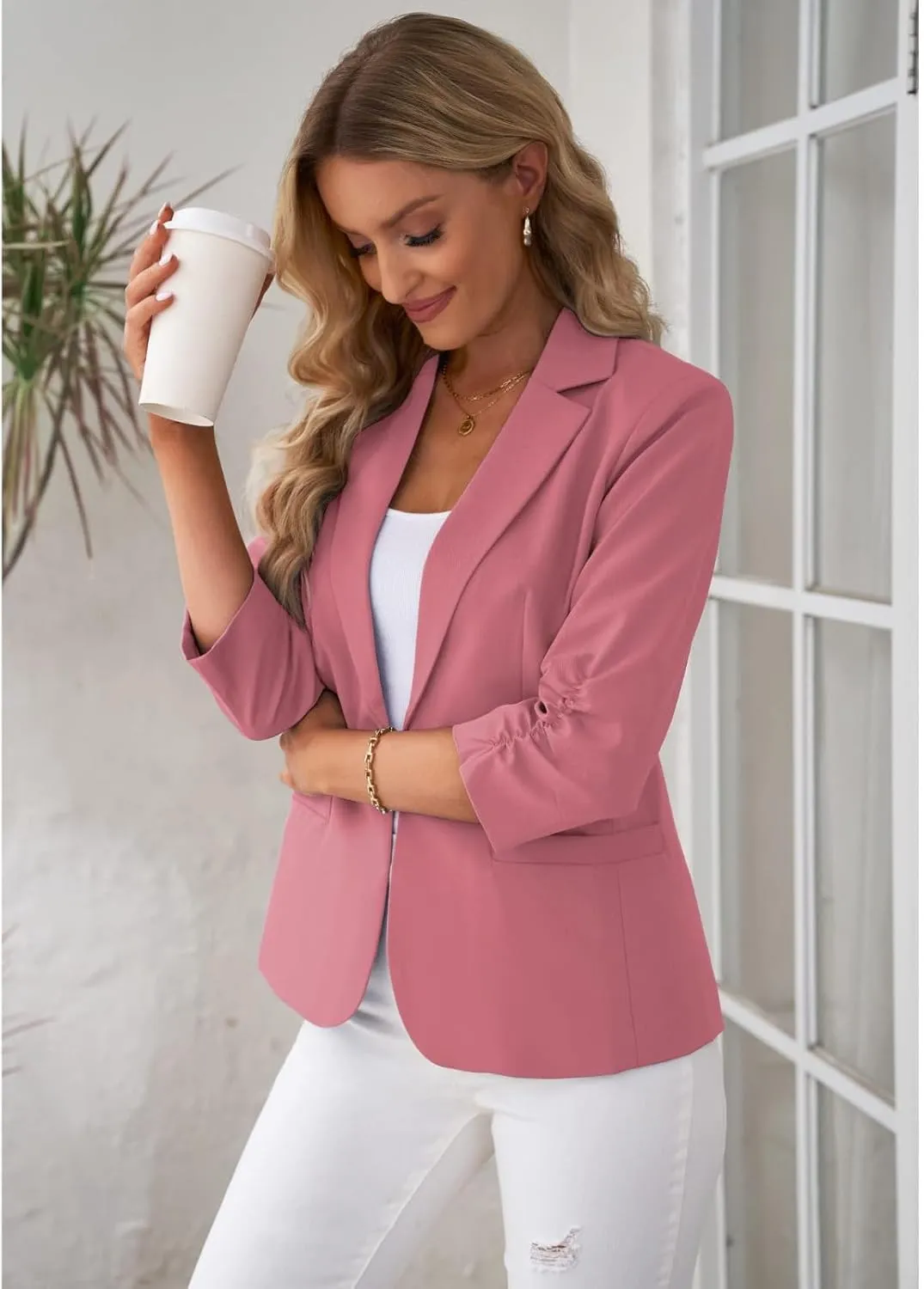 Women 3/4 Sleeve Blazer Casual Open Front Notched Collar Button Jackets Dressy Work Office Suit Jackets Outerwear