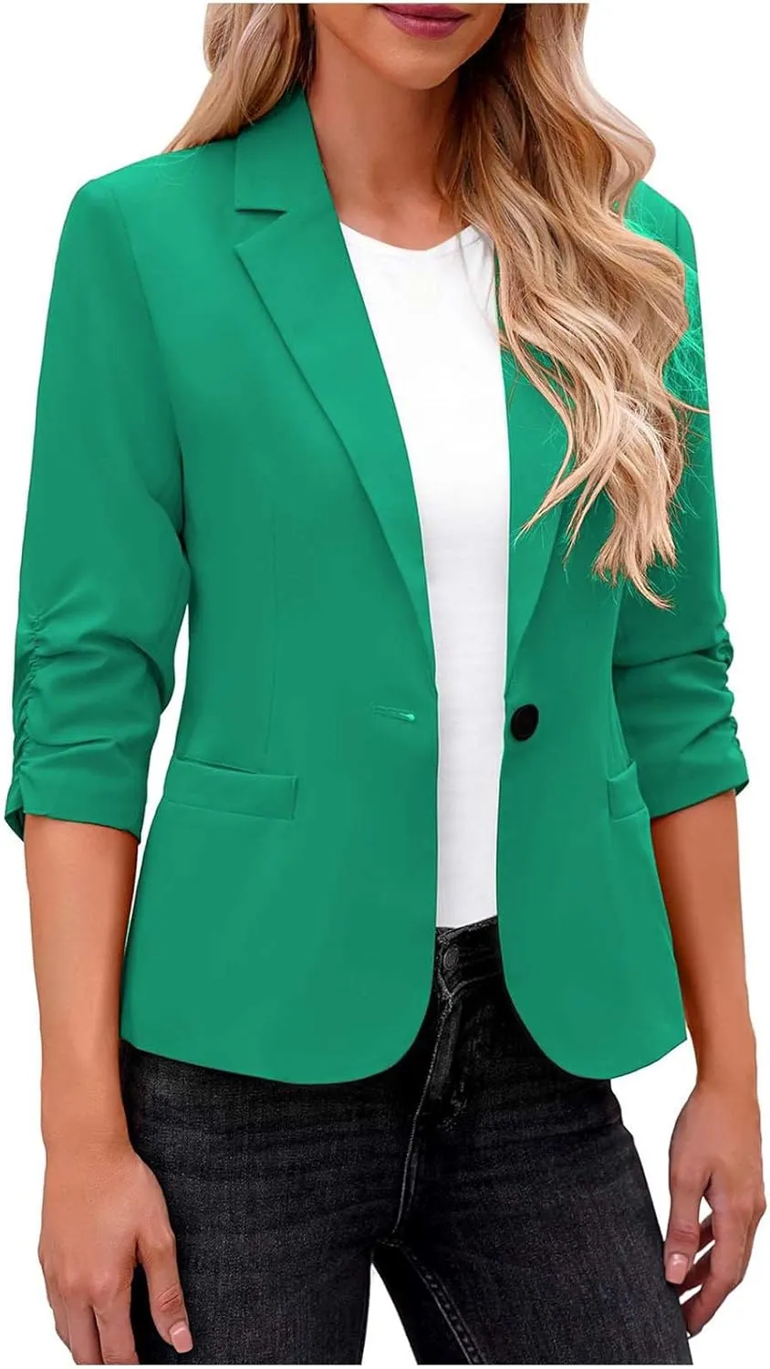 Women 3/4 Sleeve Blazer Casual Open Front Notched Collar Button Jackets Dressy Work Office Suit Jackets Outerwear