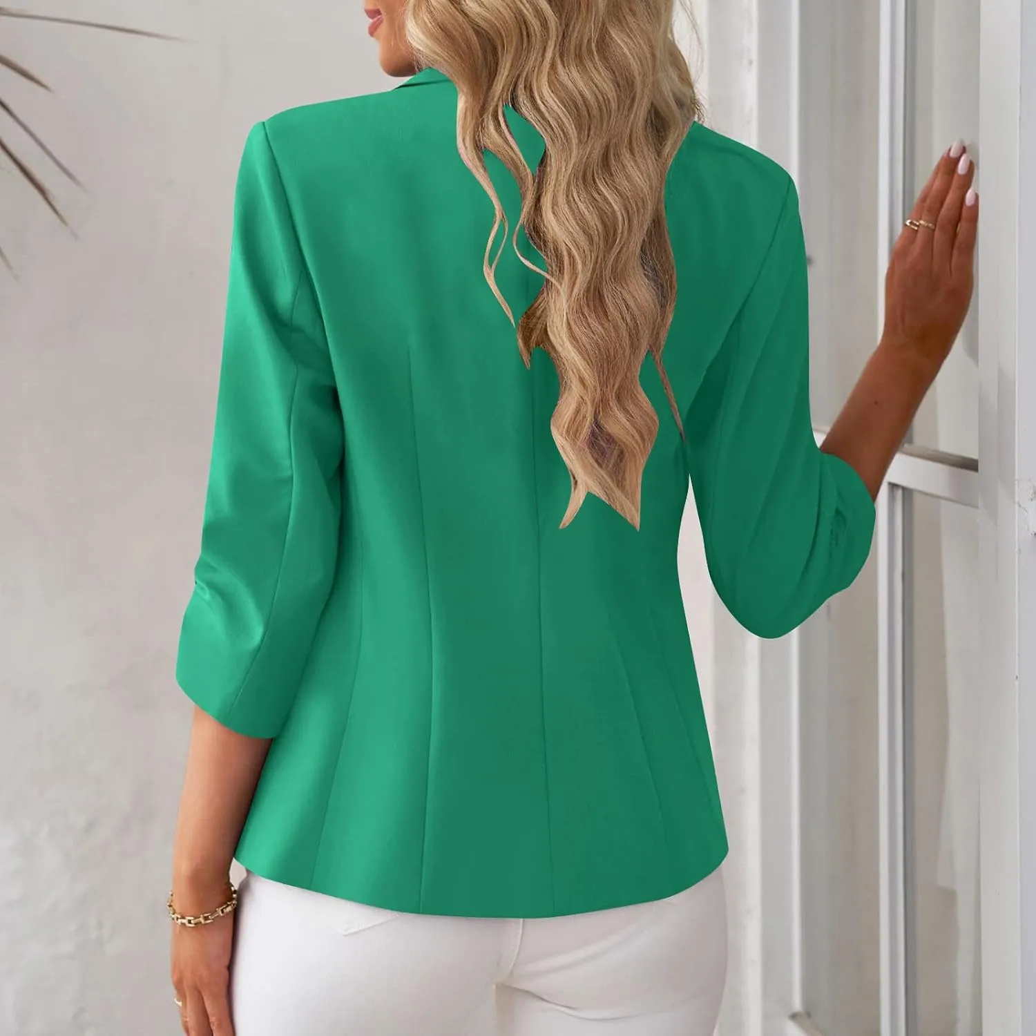 Women 3/4 Sleeve Blazer Casual Open Front Notched Collar Button Jackets Dressy Work Office Suit Jackets Outerwear