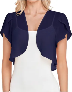 Women Fashion Solid Short Sleeve Cropped Bolero Open Front Chiffon Cardigan Big Chunky Open Sweater