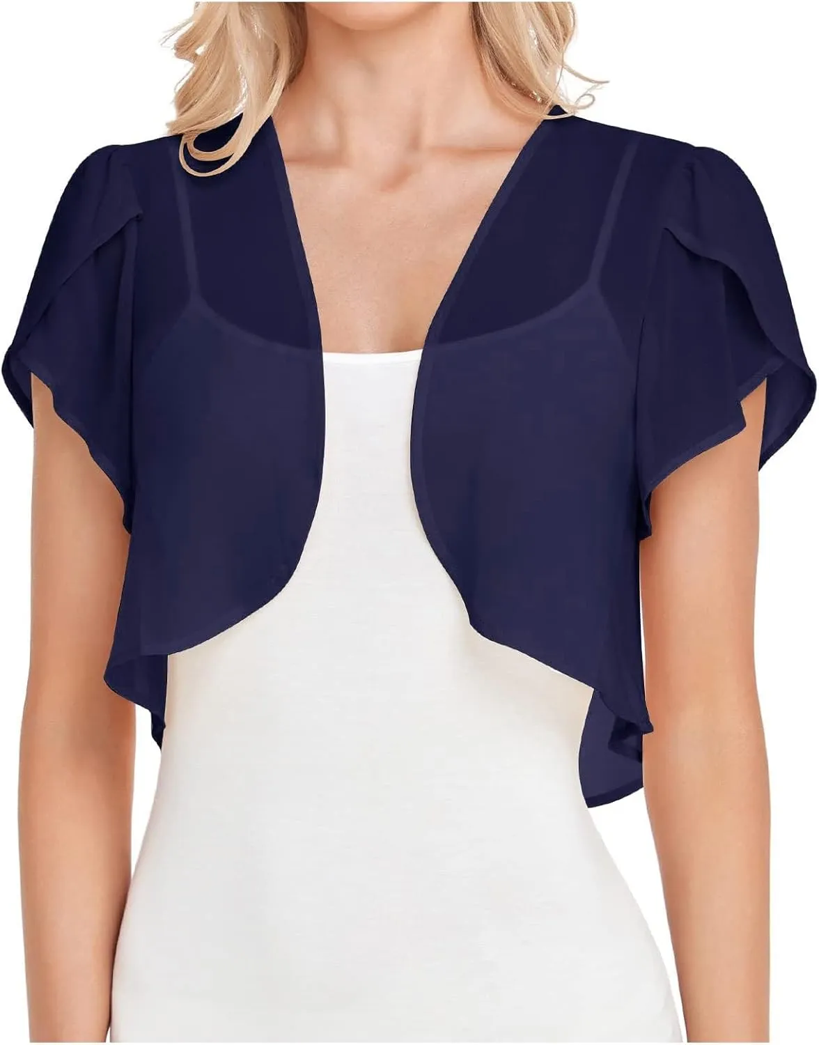 Women Fashion Solid Short Sleeve Cropped Bolero Open Front Chiffon Cardigan Big Chunky Open Sweater