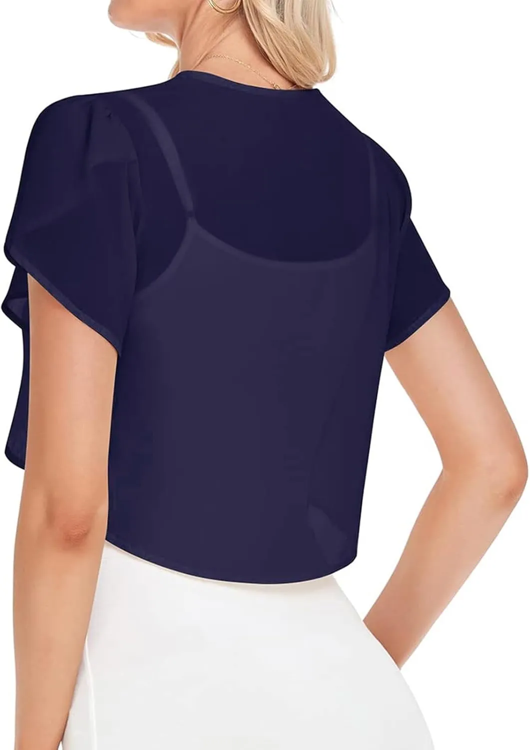 Women Fashion Solid Short Sleeve Cropped Bolero Open Front Chiffon Cardigan Big Chunky Open Sweater