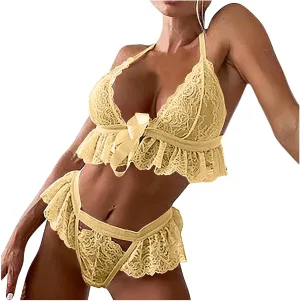 Women Lace Lingerie Set 2 Pieces Bralette Bra and Panty Strappy Lingerie Set Mesh Ruffle Trim Underwear Negligee