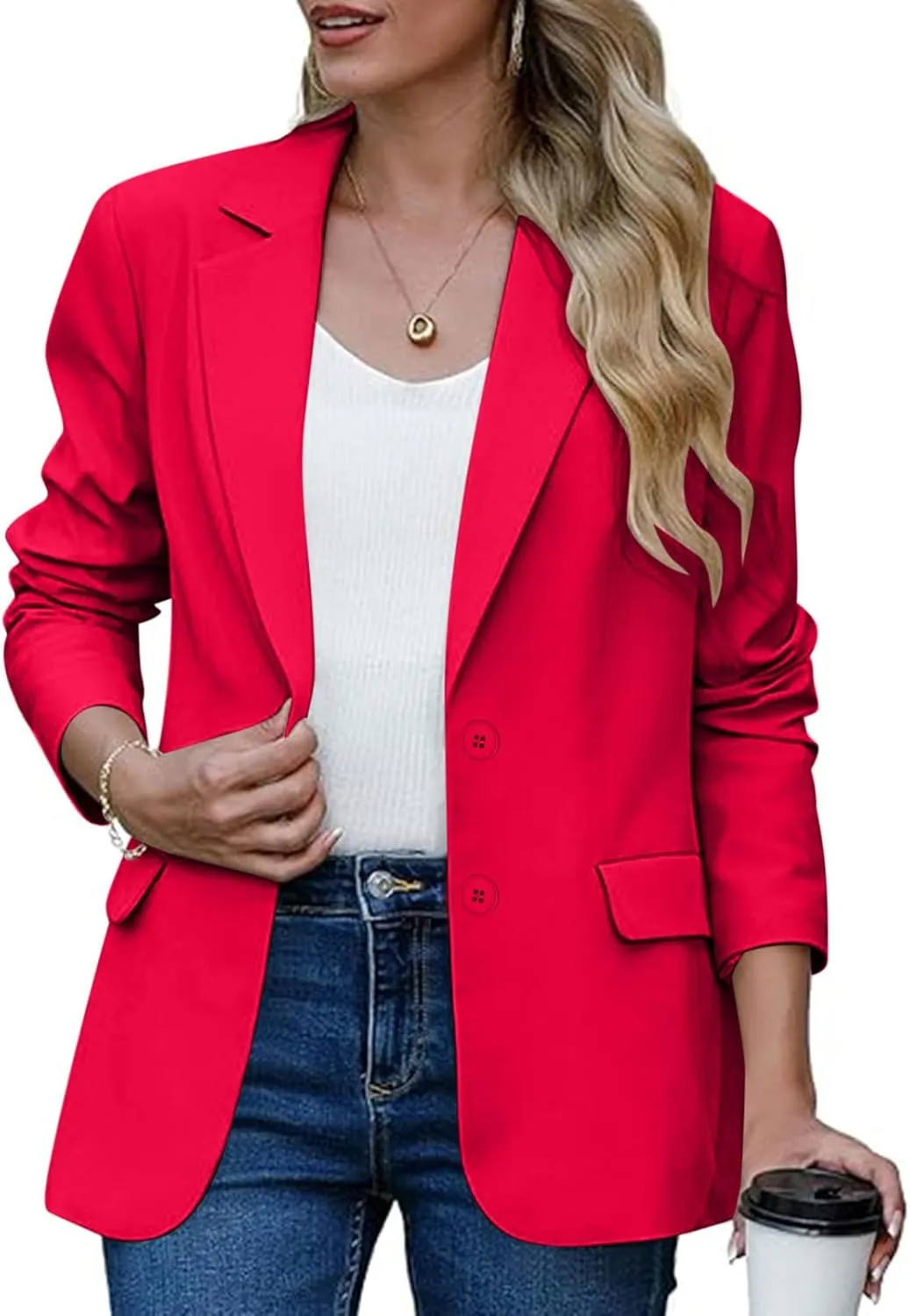 Women Padded Shoulder Blazers Fall Button Open Front Business Casual Suit Jackets Long Sleeve Lapel Office Outwear