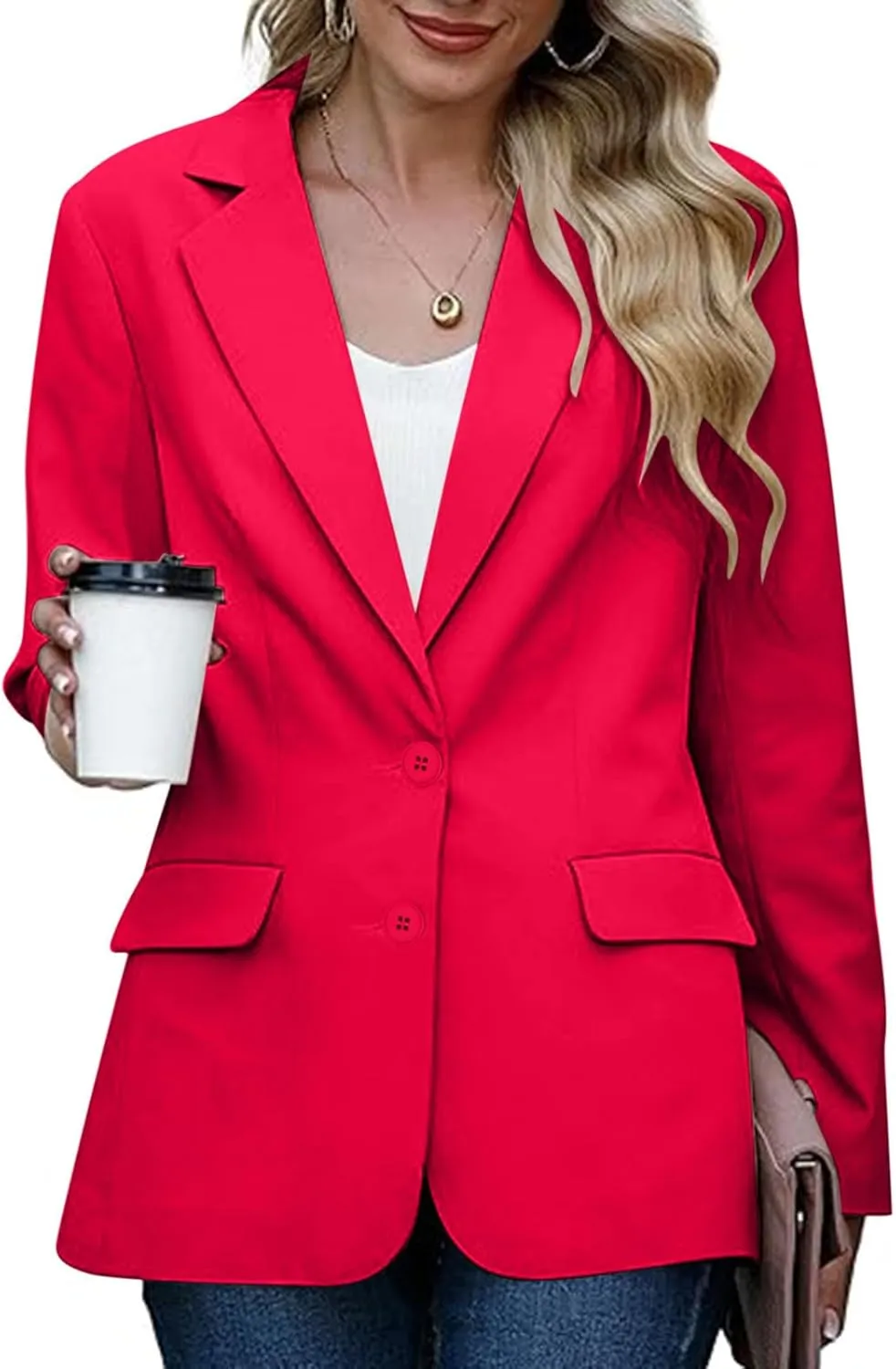 Women Padded Shoulder Blazers Fall Button Open Front Business Casual Suit Jackets Long Sleeve Lapel Office Outwear
