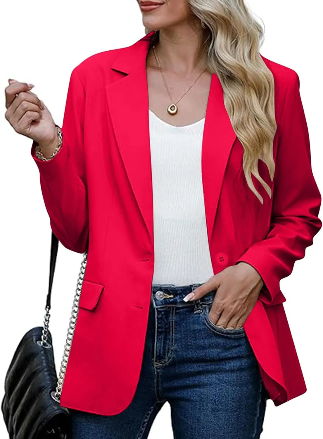 Women Padded Shoulder Blazers Fall Button Open Front Business Casual Suit Jackets Long Sleeve Lapel Office Outwear