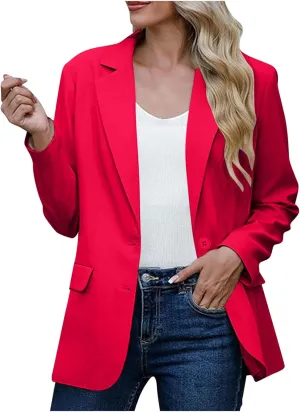 Women Padded Shoulder Blazers Fall Button Open Front Business Casual Suit Jackets Long Sleeve Lapel Office Outwear