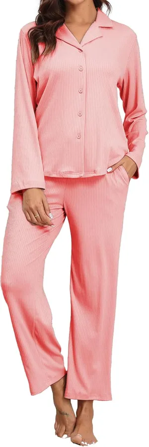 Women Pajamas Longe Sets Ribbed Knit Button Down Pjs Pants with Pockets