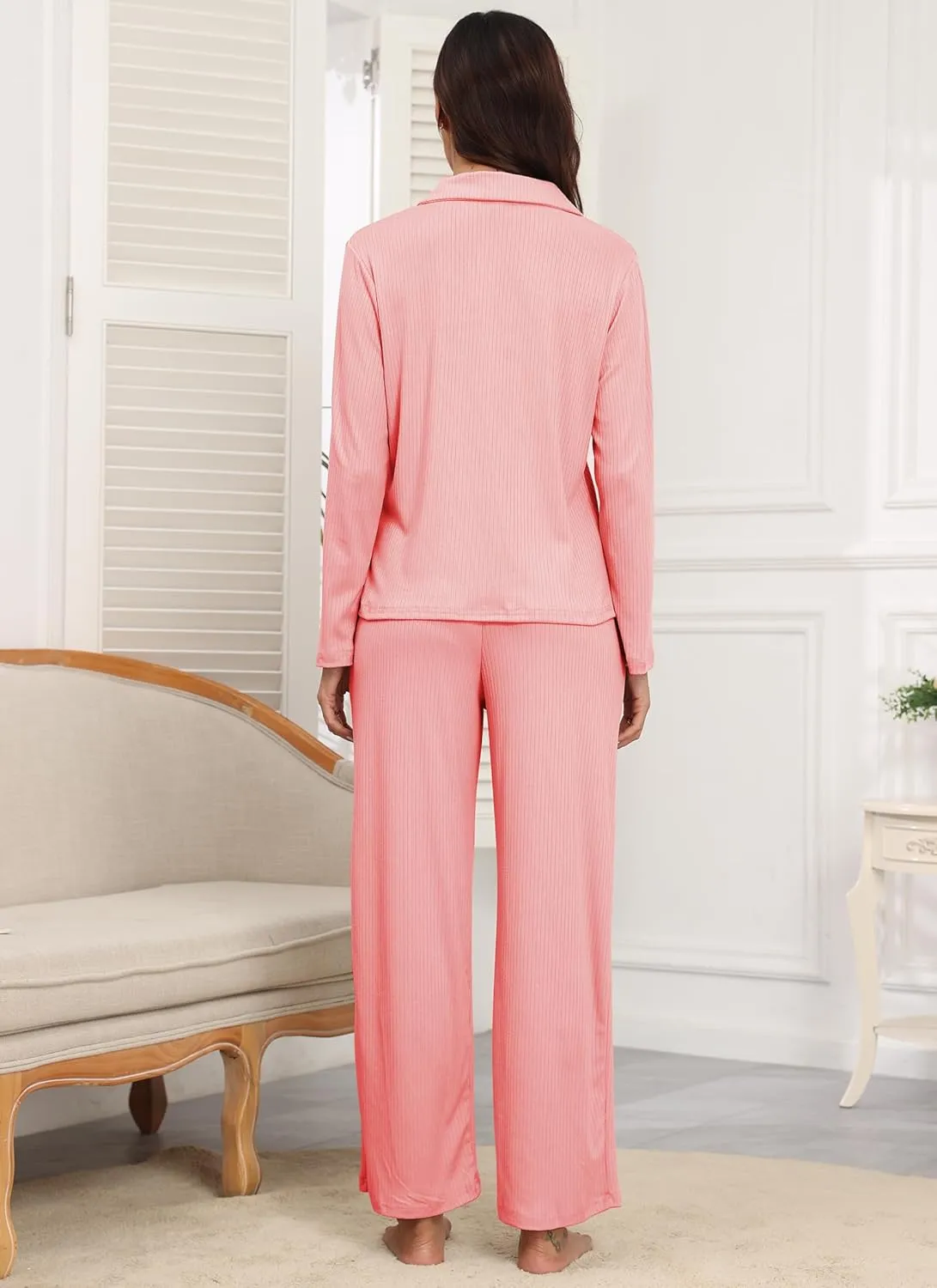 Women Pajamas Longe Sets Ribbed Knit Button Down Pjs Pants with Pockets