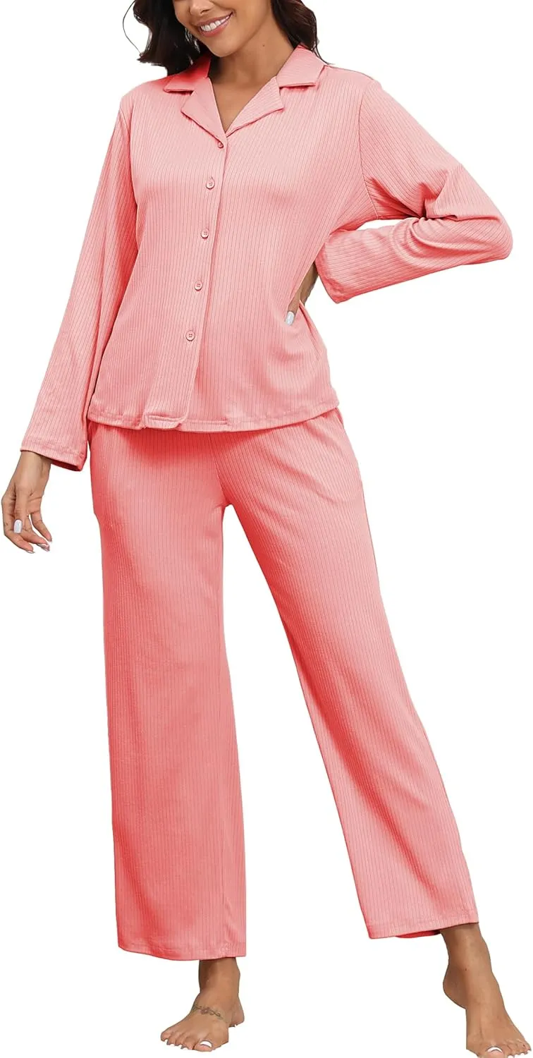 Women Pajamas Longe Sets Ribbed Knit Button Down Pjs Pants with Pockets