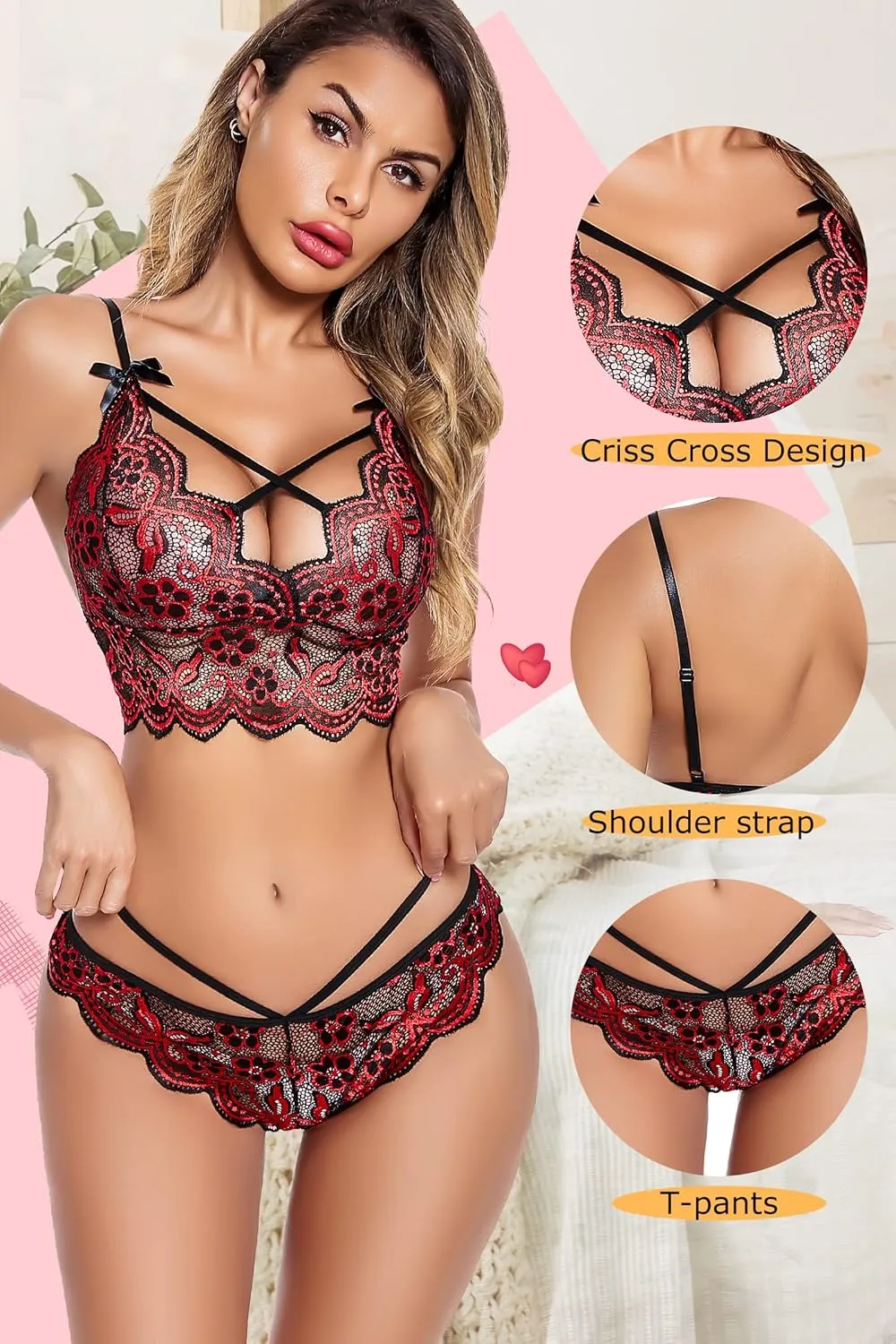 Women Sexy Lingerie Set Two Piece Bra and Panty Set Bralette Brief Set Day Wirefree Bra Lace Sleepwear