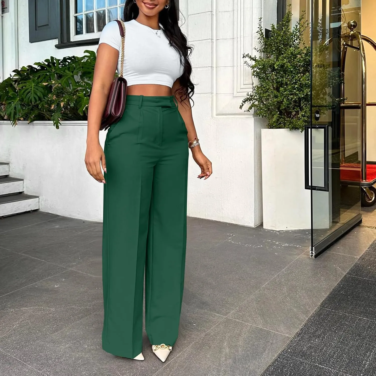 Women Wide Leg Pants High Waisted Straight Leg Business Slacks Work Pants Casual Button Down Trousers