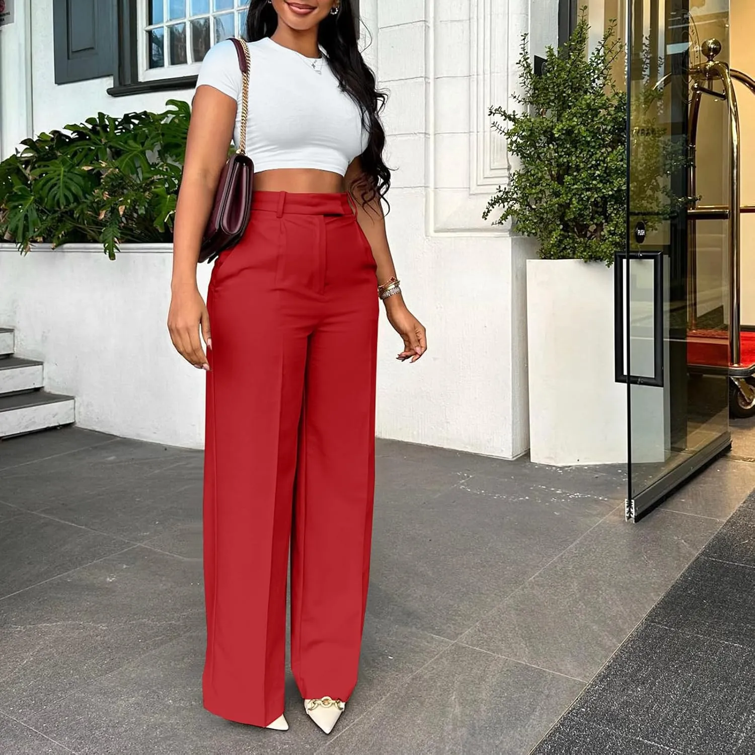 Women Wide Leg Pants High Waisted Straight Leg Business Slacks Work Pants Casual Button Down Trousers