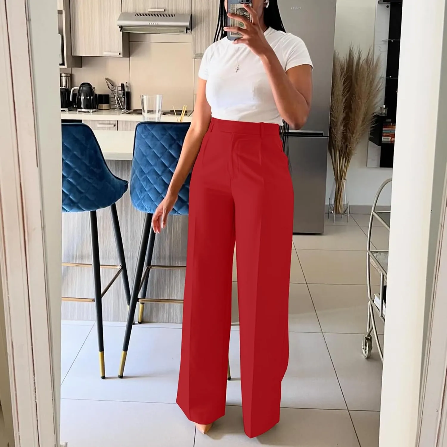 Women Wide Leg Pants High Waisted Straight Leg Business Slacks Work Pants Casual Button Down Trousers