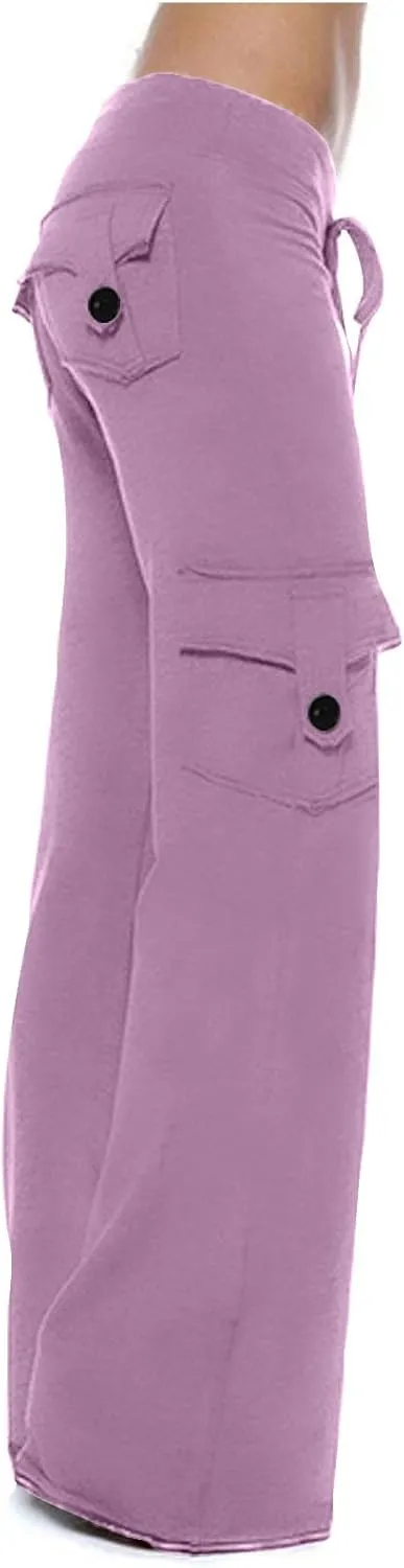 Women Workout Out Yoga pants Summer Drawstring Stretch Waist Button Gym Loose Leggings Casual Straight Leg Trousers