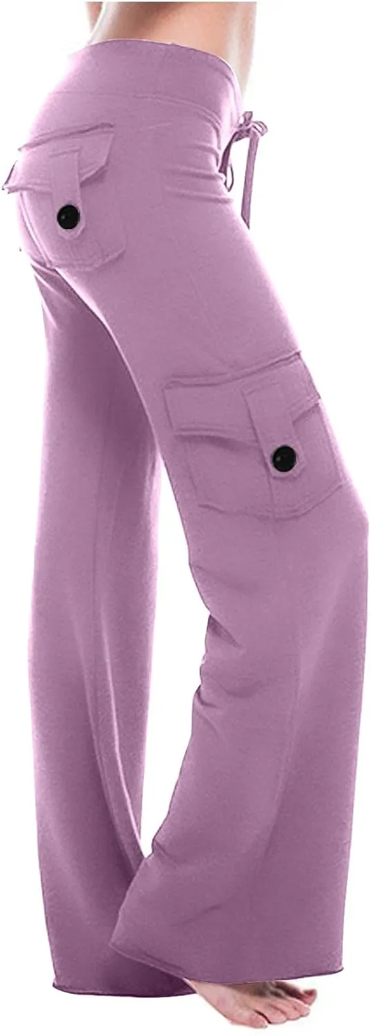 Women Workout Out Yoga pants Summer Drawstring Stretch Waist Button Gym Loose Leggings Casual Straight Leg Trousers