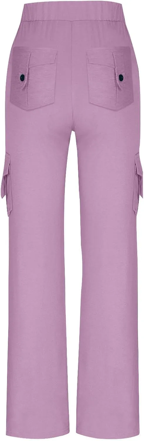 Women Workout Out Yoga pants Summer Drawstring Stretch Waist Button Gym Loose Leggings Casual Straight Leg Trousers