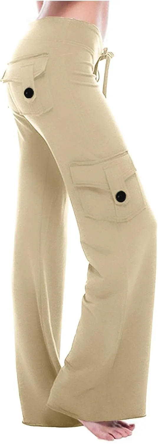Women Workout Out Yoga pants Summer Drawstring Stretch Waist Button Gym Loose Leggings Casual Straight Leg Trousers