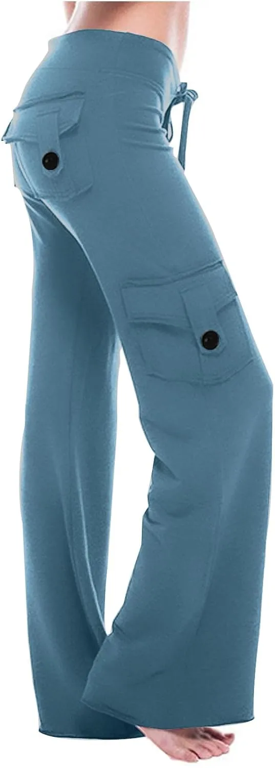 Women Workout Out Yoga pants Summer Drawstring Stretch Waist Button Gym Loose Leggings Casual Straight Leg Trousers