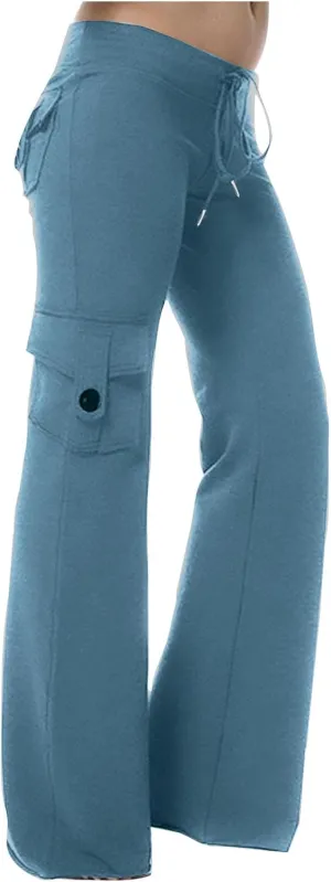 Women Workout Out Yoga pants Summer Drawstring Stretch Waist Button Gym Loose Leggings Casual Straight Leg Trousers