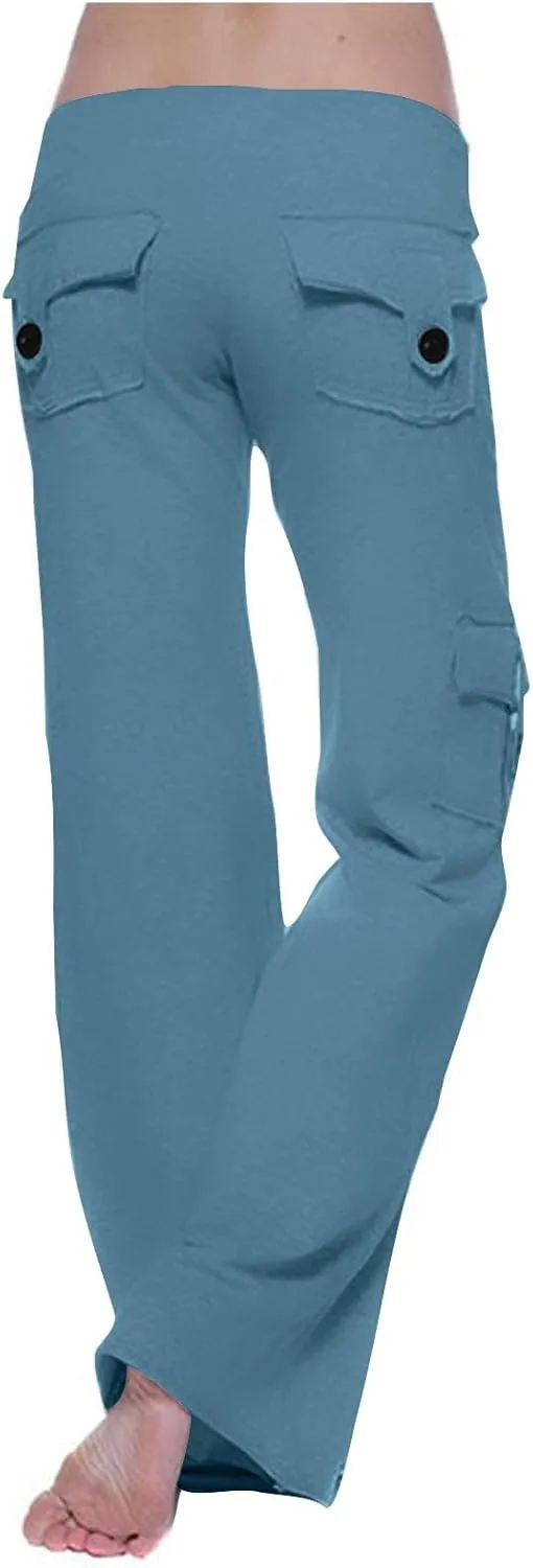 Women Workout Out Yoga pants Summer Drawstring Stretch Waist Button Gym Loose Leggings Casual Straight Leg Trousers