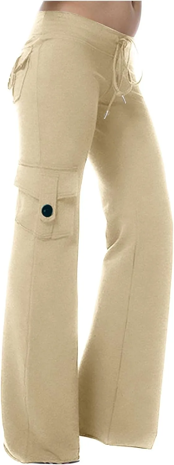 Women Workout Out Yoga pants Summer Drawstring Stretch Waist Button Gym Loose Leggings Casual Straight Leg Trousers