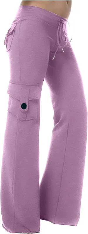 Women Workout Out Yoga pants Summer Drawstring Stretch Waist Button Gym Loose Leggings Casual Straight Leg Trousers