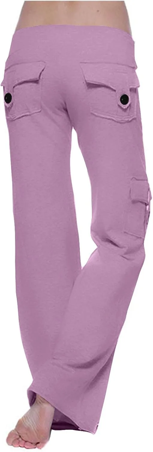 Women Workout Out Yoga pants Summer Drawstring Stretch Waist Button Gym Loose Leggings Casual Straight Leg Trousers