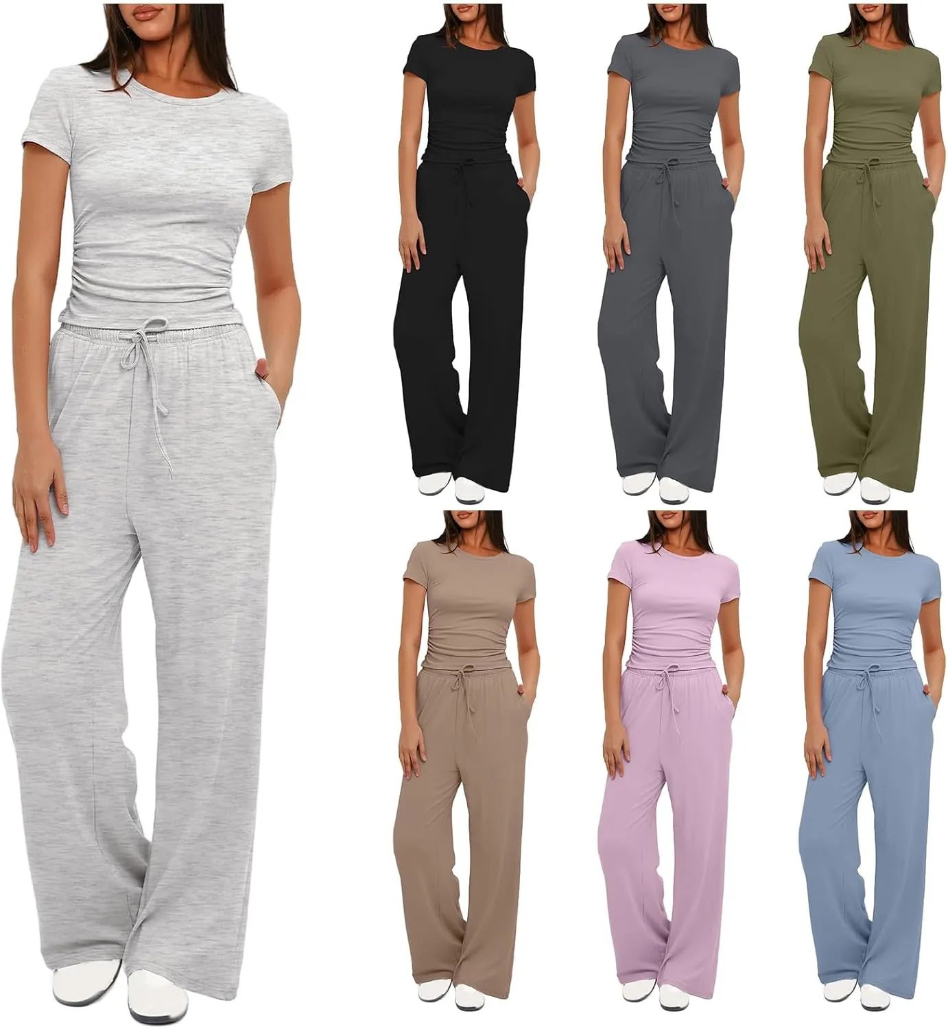 Womens 2 Piece Lounge Sets Short Sleeve Top and Wide Leg Pants Casual Workout Tracksuit Sets Streetwear