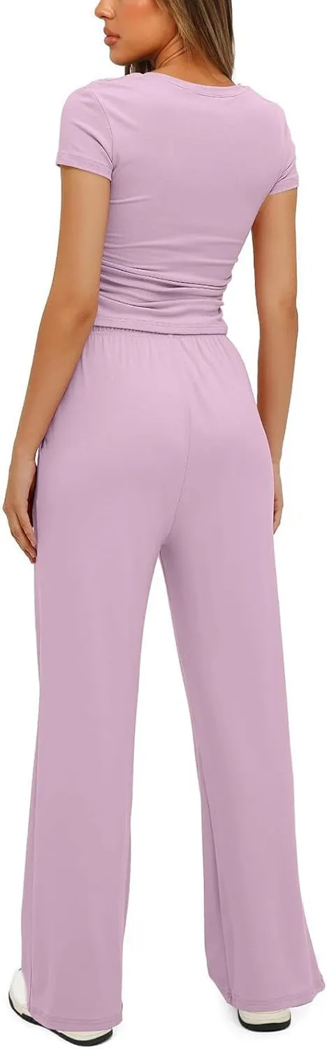 Womens 2 Piece Lounge Sets Short Sleeve Top and Wide Leg Pants Casual Workout Tracksuit Sets Streetwear