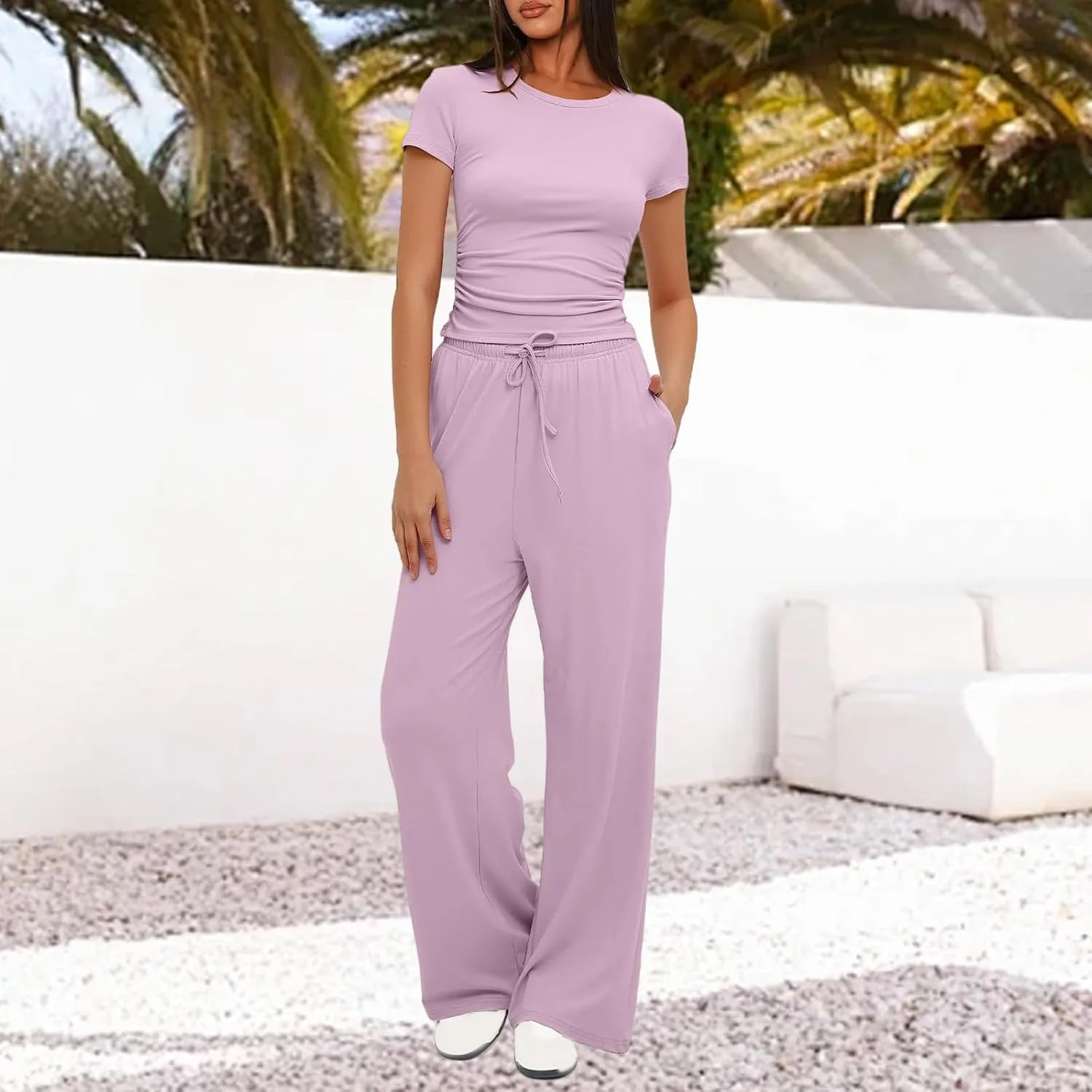 Womens 2 Piece Lounge Sets Short Sleeve Top and Wide Leg Pants Casual Workout Tracksuit Sets Streetwear