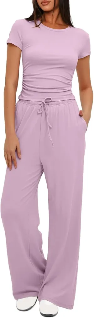 Womens 2 Piece Lounge Sets Short Sleeve Top and Wide Leg Pants Casual Workout Tracksuit Sets Streetwear