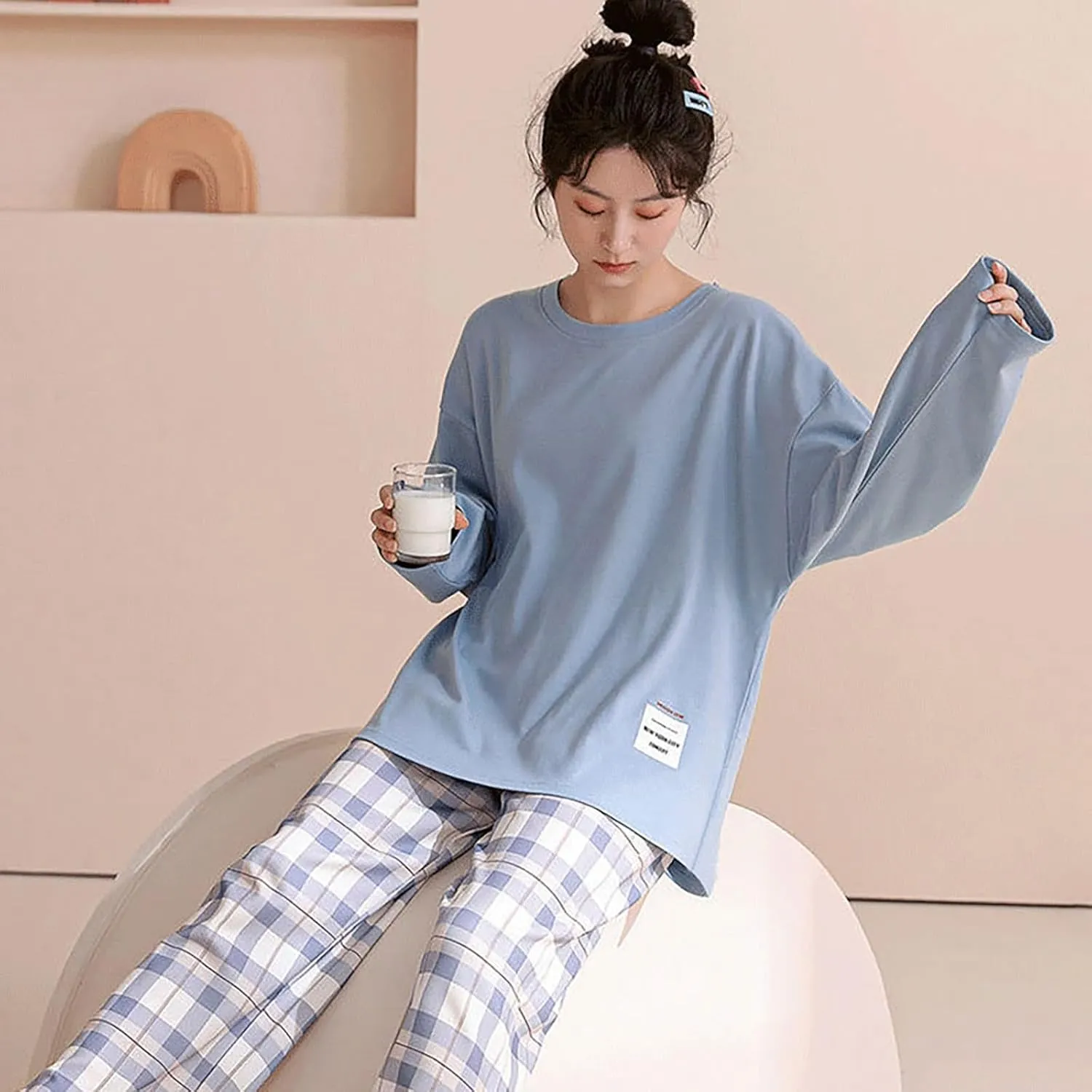 Women's 2 Piece Outfits Pajamas Sets Warm Crewneck Pullover Tops Wide Leg Lightweight Striped Pants Lounge Soft Sets