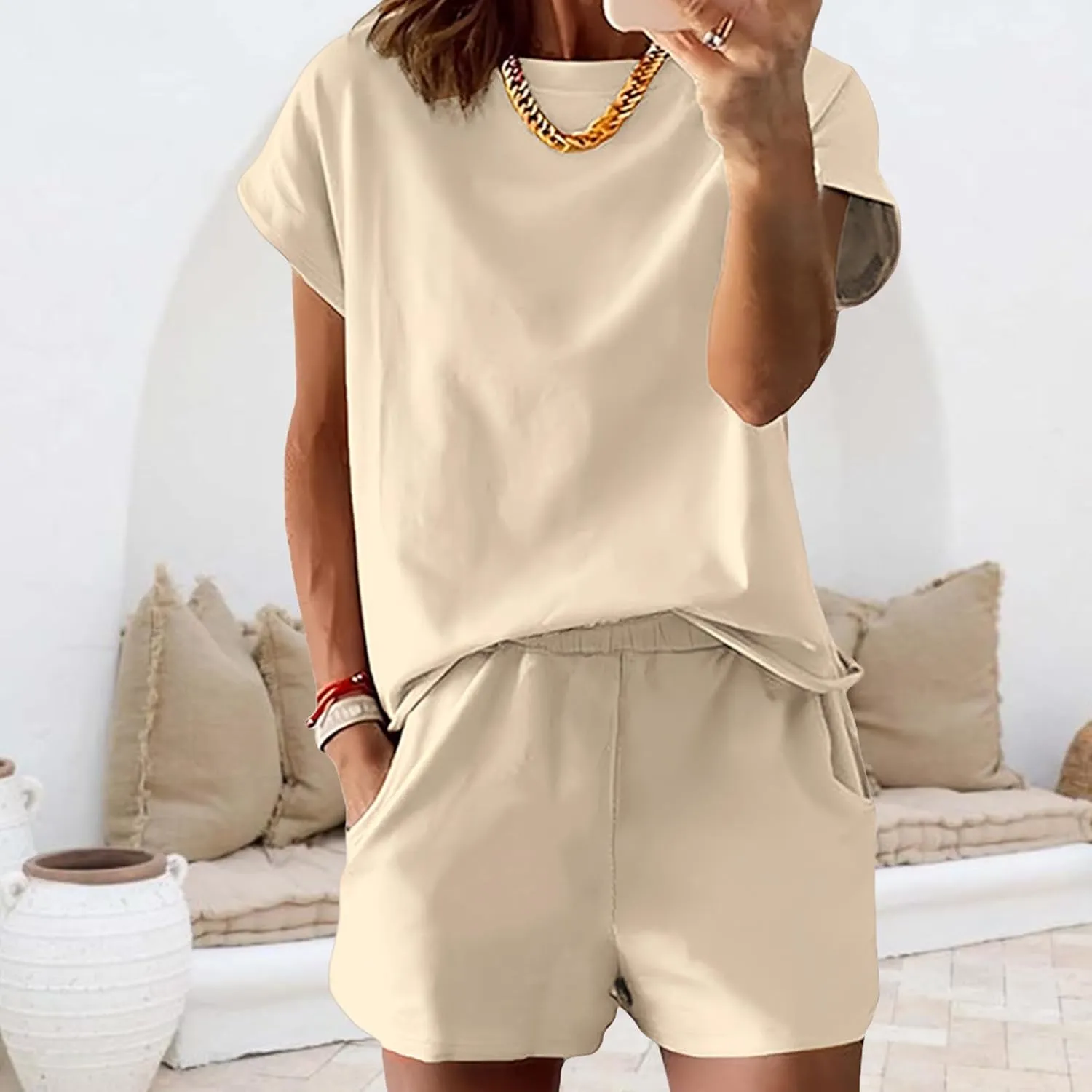 Womens 2 Piece Pajama Sets Shorts Short Sleeve Smocked Tops and Shorts Lounge Sets Sleepwear with Pockets