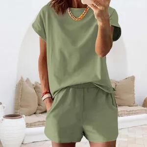 Womens 2 Piece Pajama Sets Shorts Short Sleeve Smocked Tops and Shorts Lounge Sets Sleepwear with Pockets