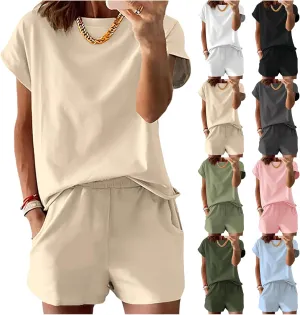 Womens 2 Piece Pajama Sets Shorts Short Sleeve Smocked Tops and Shorts Lounge Sets Sleepwear with Pockets