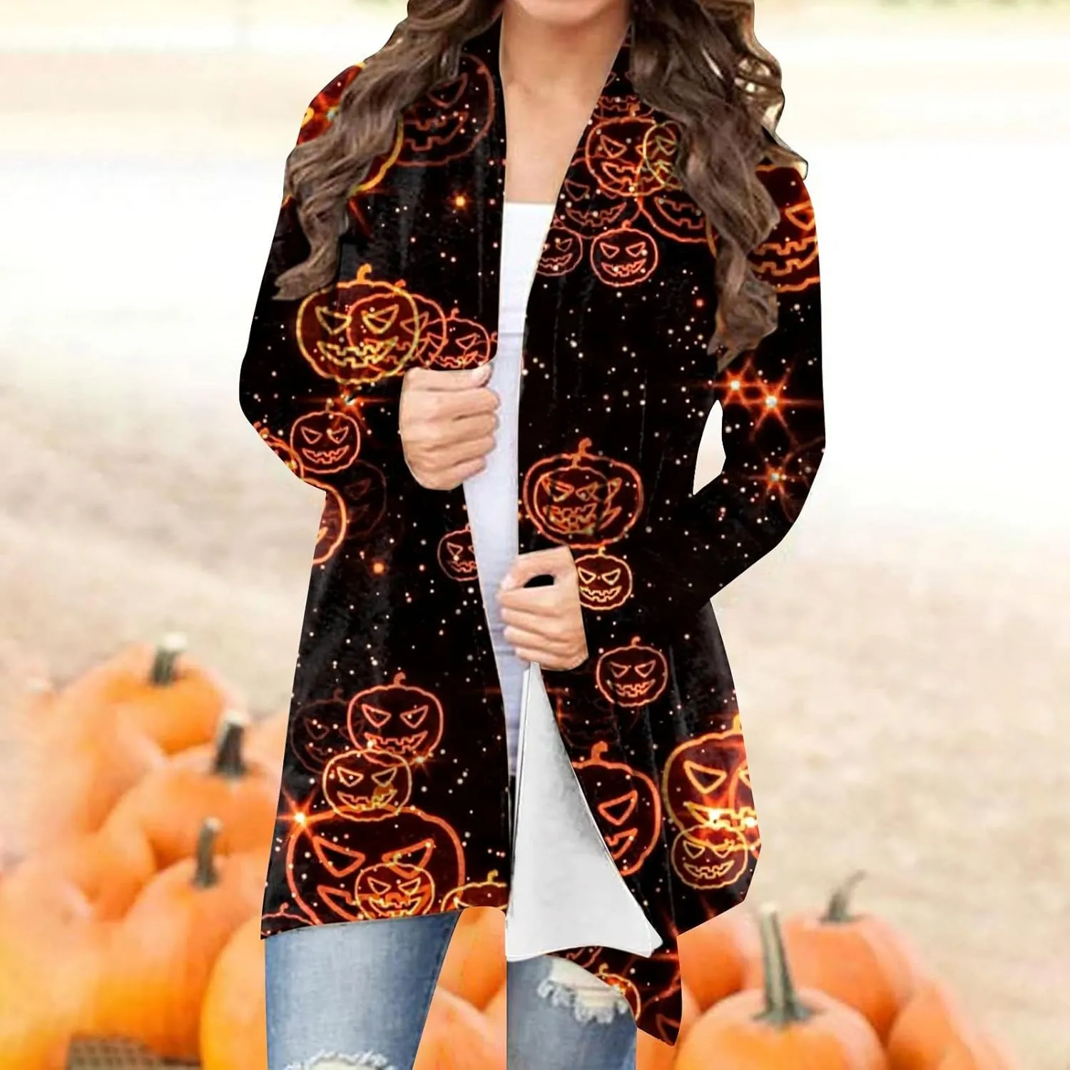 Womens 2023 Fashion Print Cardigan Casual Open Front Printed Cardigans Sweaters Fall Winter Thin Coats Jackets Outerwear